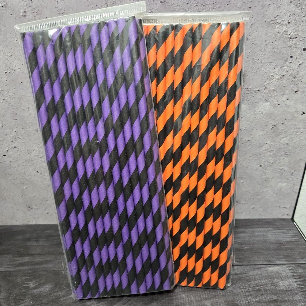 50  Purple/orange/black Stripe Paper Drinking Straws Halloween Crafts